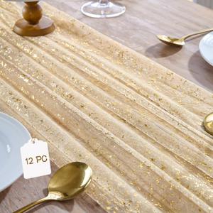 12PC Gold Gauze Table Runner 120 Inch 10FT Dining Wedding Baby Shower Holiday Birthday Sheer Tulle Table Décor
