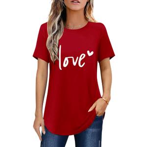 Valentine Shirts for Women Red Love Heart Print Short Sleeve Valentines Day Tops Blouse