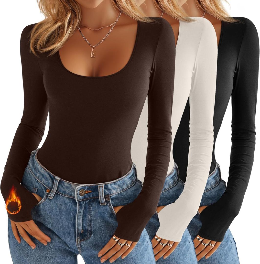 3 Pack Women's Thermal Fleece Long Sleeve Tops, Scoop Neck Slim Fitted Knit Base Layer Undershirts with Thumb Hole (Medium, Brown, White, Black)