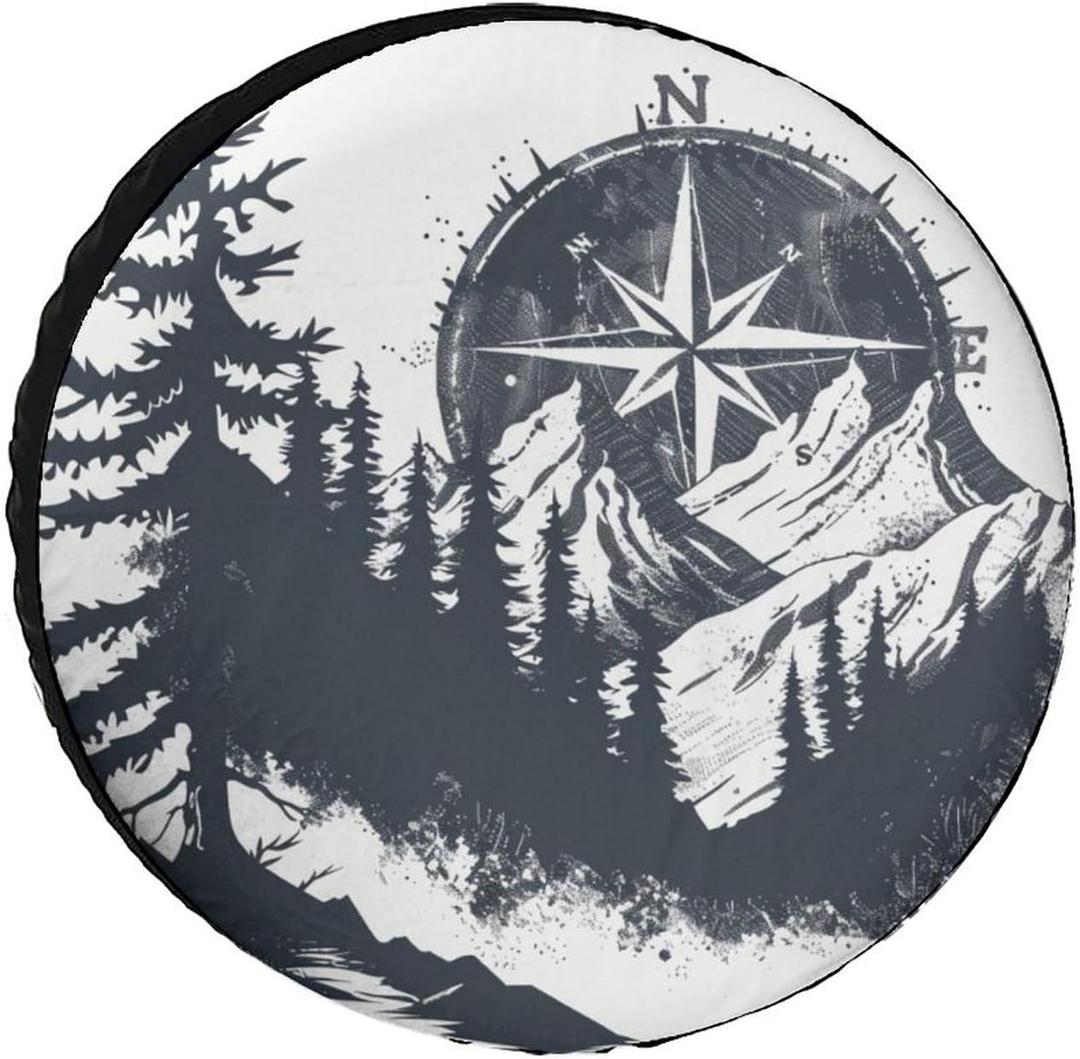 Camper Spare Tire Cover 12 Inch Mountains with A Compass Wheel Protectors Tyre Covers Weatherproof Wheel Covers Vintage Compass Universal Fit for Trailers SUV Truck Camper Travel