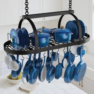 KES 48 Inch Large Ceiling Pot Rack with Lid Organizer, Oval Heavy Duty Hanging Pot Rack Ceiling Mount for Kitchen Over Island, Cast Iron Pan Hanger with 20 Hooks, 16" & 24" Joist Mount, Matte Black