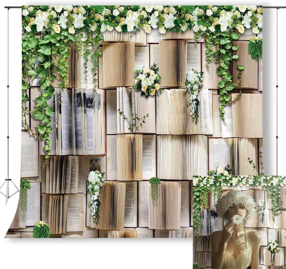 10x10ft Books Backdrop for Photography Flower Garlend Book Pages Wedding Party Backdrop Kids Birthday Party Banner Baby Shower Photoshoot Booth Props KUBDJ737 (Green)