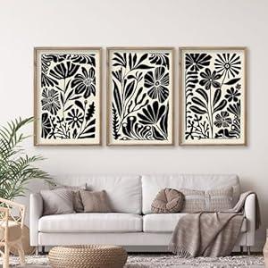 flowtorely Abstract Floral Botanical Wall Art 16x11 Inch 3 Piece Black Vintage Boho Plant Flower Minimalist Wood Frame Sign Home Living Room Family Office Mid Century Print Wall Hanging Decor (Wood)