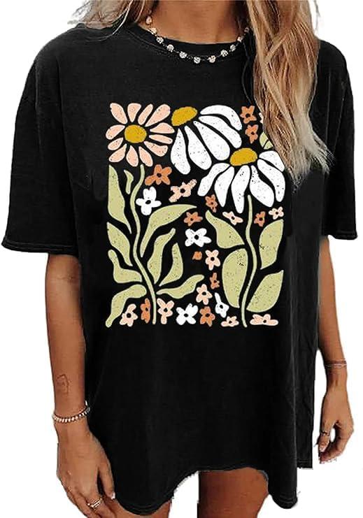 Oversized Graphic T-Shirt for Women Vintage Floral Shirt Rock Band Music Guitar Tee Casual Holiday Cute Plant Tops (Medium, Black) Oversized Graphic T-Shirt for Women Vintage Floral Shirt Rock Band Music Guitar Tee Casual Holiday Cute Plant Tops (Medium, Black)