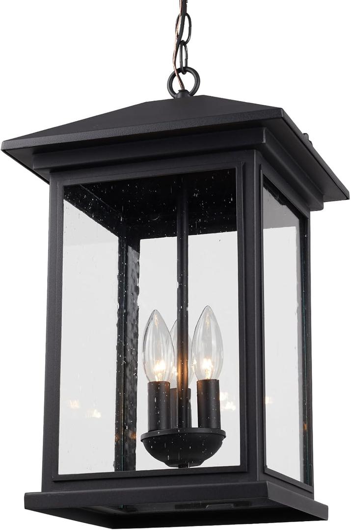 Treekee Large Outdoor Pendant Light, Modern Adjustable Hanging Lantern, Black Outside Porch Chandelier Light with Seeded Glass, Exterior Pendant Lighting for Patio, Porch, Yard, Gazebo