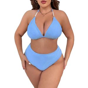 MakeMeChic Women's Plus Size 2 Piece Bathing Suit Halter Triangle Bikini Set High Waist Swimsuit (X-Large Plus, Dusty Blue)