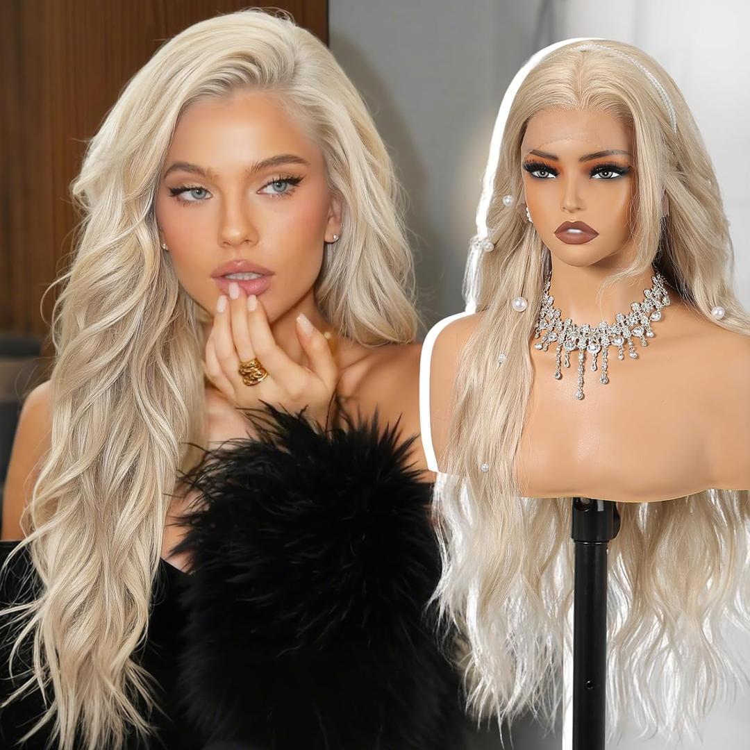 KOME Blonde Synthetic Lace Front Wig,136 Curly Glueless Wigs for Women Daily Use 26IN