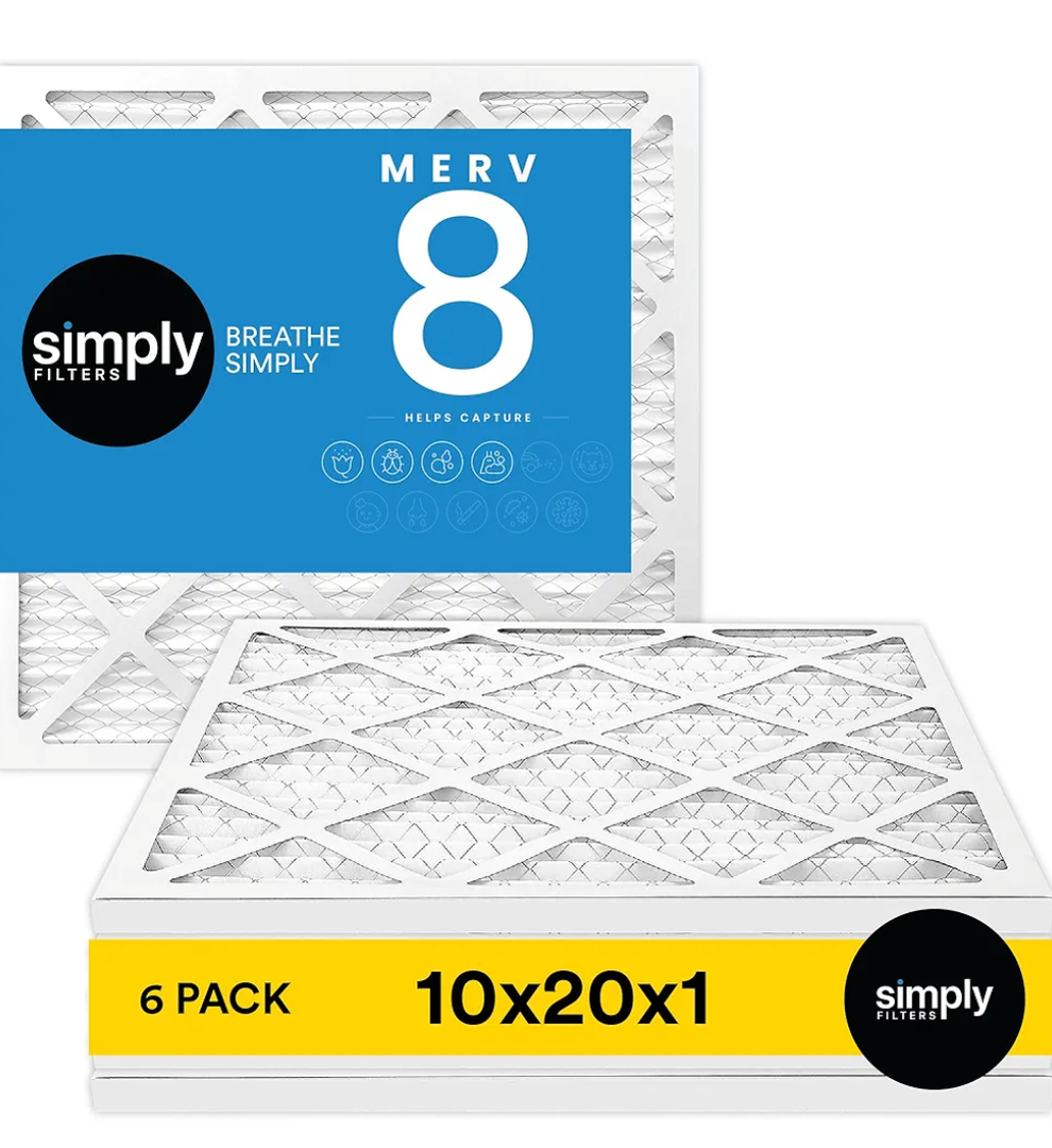 Simply 10x20x1 Air Filter, MERV 8, MPR 600, 6 Pack, For Home AC Furnace & HVAC (Actual Size: 9.75"x19.75"x0.75") DUST, Pet, & Allergy Control