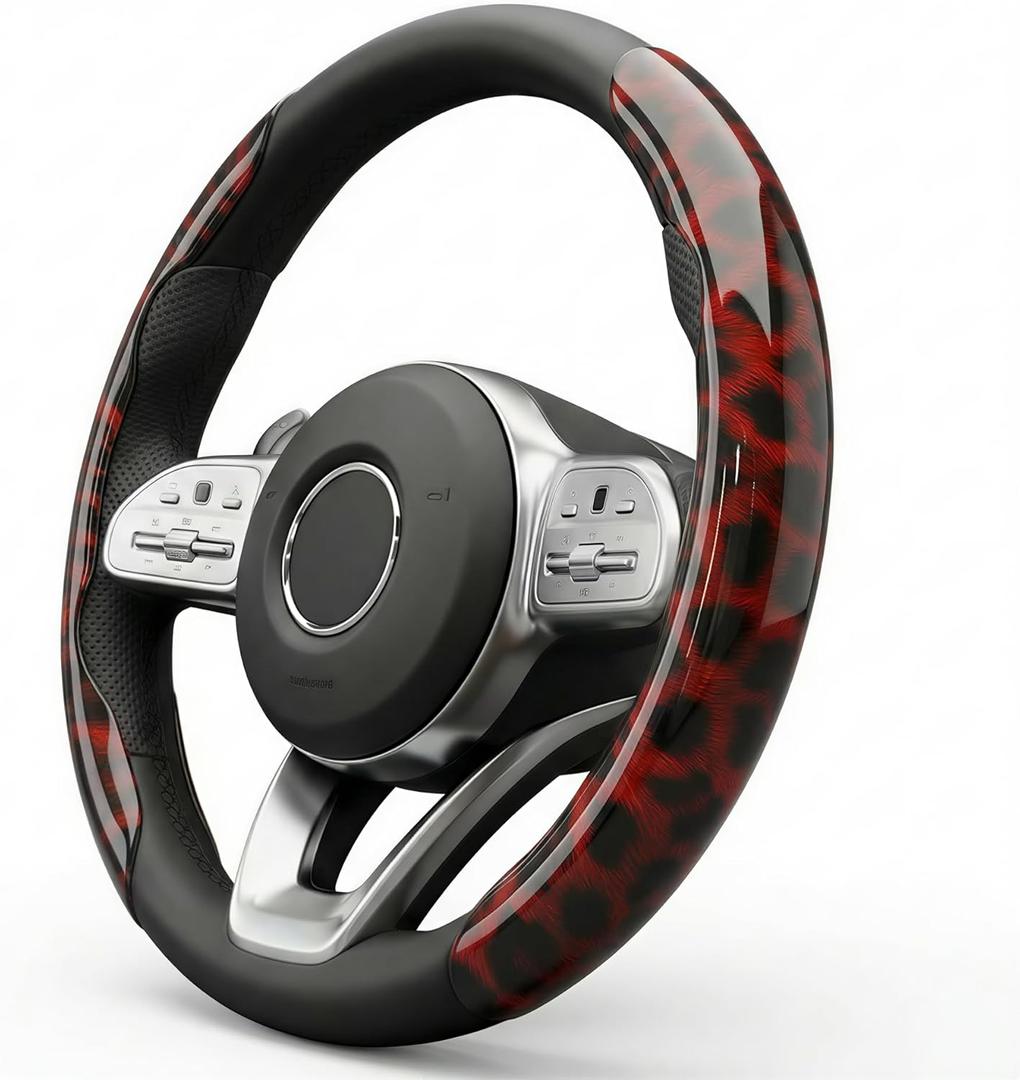 Leopard Print Steering Wheel Cover for Women - Universal Segmented 2-Piece Snap-on Protector, Non-Slip & Nail Friendly, Fit for Round & D-Shape 14.5-15 Inch, Cute Auto Interior Accessories (RED)