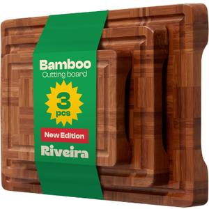Riveira Bamboo End Grain Wood Cutting Board  Versatile And Durable: Set Of 3 Pcs Wooden Cutting Boards  Natural Wooden Cutting Boards For Kitchen Set  Complete Bamboo End Grain Cutting Board