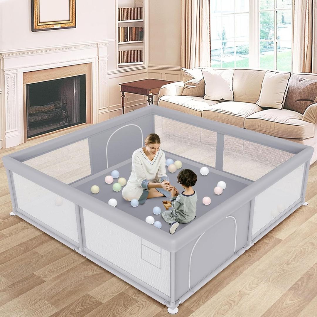 besuhot Large Baby Playpen 79x79 Inch, Playpens for Babies and Toddlers, Indoor & Outdoor Extra Large Kids Activity Center, Baby Play Yard with Zipper Gates. (Grey)