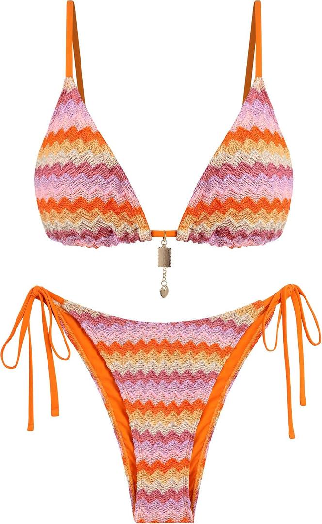 ZAFUL Crochet Bikini Sets for Women Cheeky Boho Bathing Suits Striped Brazilian High Cut Thong Bikini Swimsuit for Vacation, Size: Small