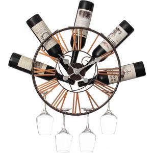 Vintiquewise Wall-Mounted Clock Design Wine Holder with Stemware Rack - Unique Shelf for Champagne, White & Red Wine Organizer with 4 Glass Holders, Wine Bottle Display for Home, Kitchen and Bar Decor