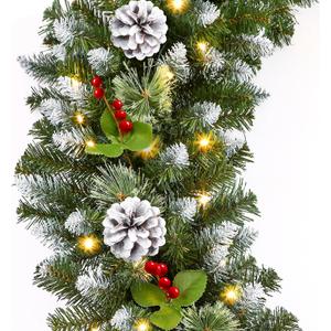 SHareconn 9FT Prelit Artificial Christmas Garland with Warm White & Multi-Color Lights with Timer Function, Pine Cones and Red Berries for Fireplace, Stairs Xmas Decoration, Green