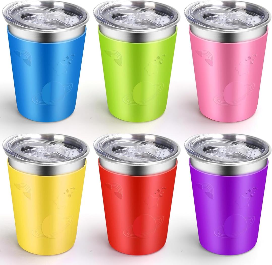 ShineMe No Spill Cup for Toddlers, 6pack Stainless Steel Kids Cups with Lids, 12oz Metal Cups for Kids, Toddlers, Preschoolers, Adults with Removable Vibrant Color Sleeves for Cold/Hot Drinks