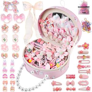 Princess Jewelry Box for Girls with Hair Accessories,Girls Hair Clips Bows Set, Fashion Hair Styling Kit with Mirror,Pink Sparkle Trinket Box Includes Hair Clips (Ribbon)