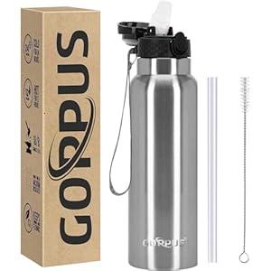 GOPPUS 24 oz Insulated Double Wall Vacuum Water Bottle With Straw Stainless Steel Sports Water Cup Leakproof Wide Mouth Resusable Water bottles for Kids Men Women Pink Purple-1 Lid