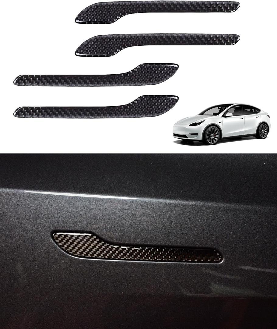 Door Handle Cover, Real Matte Carbon Fiber Door Handle Trim Protector Set Compatible with Tesla Model y Model 3 2017-2025 (4 Pieces) (Glossy Carbon Fiber with drip)