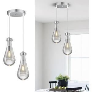 Raindrop Pendant Lights Kitchen Island Teardrop Chrome Hanging Light Fixtures Clear Solid Glass Pendant Light Modern Chandeliers for Dining Room Porch Corridor Living Room(2-Light)