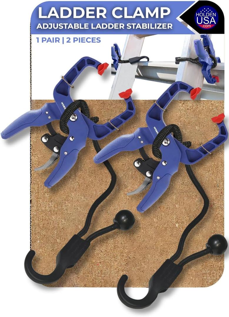 Holden USA - Ladder Clamp Stabilizer Clip Secure Safety Clamp for Roof, Gutters, and Wall Prep Durable Support Cord for Roofing and Gutter Tasks (Pair / 2 Units)