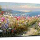 Coastal Wildflower Wall Art Abstract Beach Landscape Picture Bathroom Wall Decor Colorful Daisy Flower Sea Scenery Canvas Artwork Nature Nautical Print Cottagecore Living Room Decoration 14x48"