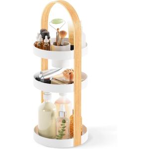Umbra Bellwood Caddy, Organizer for Makeup and Cosmetics, Durable Rotating Container with Wooden Handle, Large, White/Natural