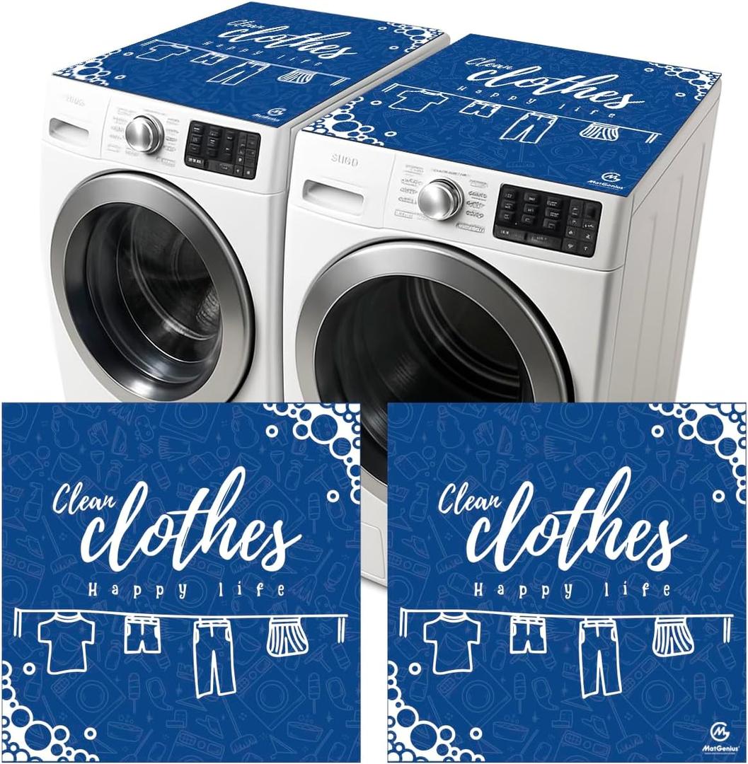 (2PCS) Washer And Dryer Covers For The Top With Blue Design And Happy Life Words, Decorative Washer Dryer Topper And Washing Machine Cover For A Cheerful Laundry Room (23 x 23 in)