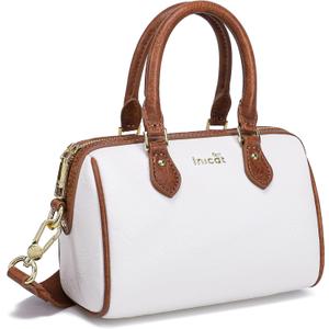 INICAT Barrel Bag for Women Top Handle Satchel Shoulder Boston Bags Crossbody Purse Handbag with Detachable Long Strap (Mini, White Brown)