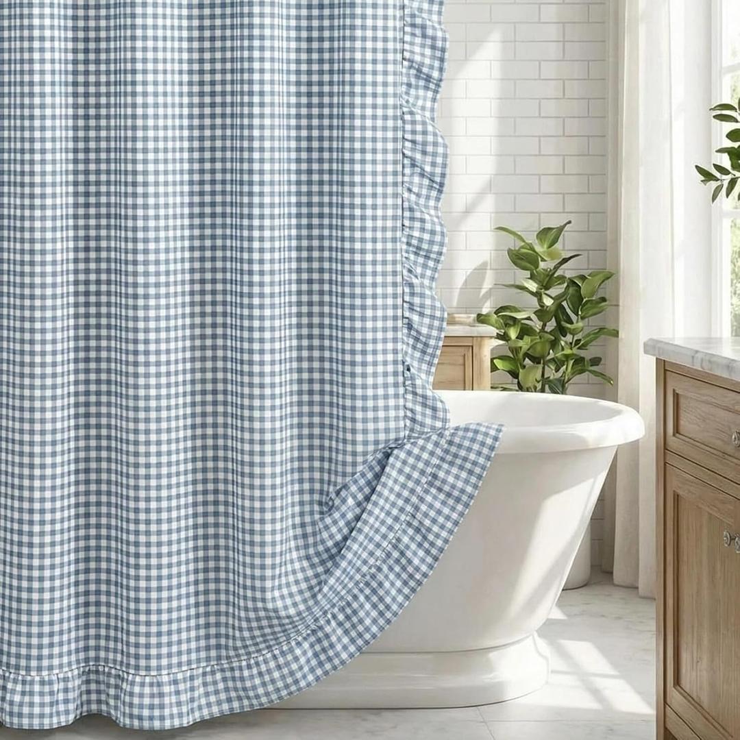 HunnmingRe Ruffled Gingham Shower Curtain 72 x 72 Inch Dust Blue Cotton Vintage Farmhouse Rural Plaid Shower Curtain with 12 Hooks for Bathroom Bathtubs Decor