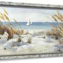 Coastal Framed Wooden Wall Art: Beach Oil Painting Style Seaside Pictures Seascape Art Prints Sand Dunes & Sailboat Artwork for Bathroom 24"x12"