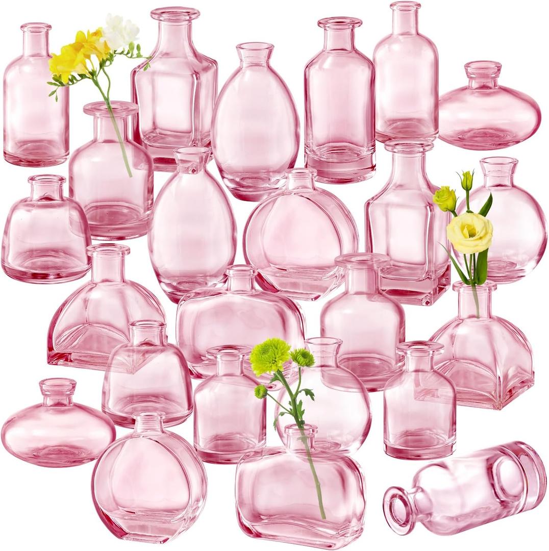 Pink Bud Vase Set of 24 - Small Glass Vase for Flowers, Bulk Mini Vases for Rustic Wedding Decor, Glass Vases for Centerpieces, Floral Arrangements, Clear Bud Vase