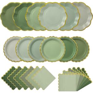 144 Pcs 48 Guests Sage Green Paper Plates and Napkins Green Birthday Party Decorations Disposable Tableware 9 Inch 7 Inch Gradient Scalloped Edge Plates for Baby Shower Wedding Bridal