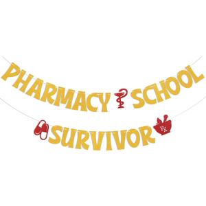 2 x Pharmacy School Survivor Banner - Congrats Pharmacist, Pharmacist Class of 2026 Decor, 2026 Pharmacy School Graduation Party Decorations Gold Glitter
