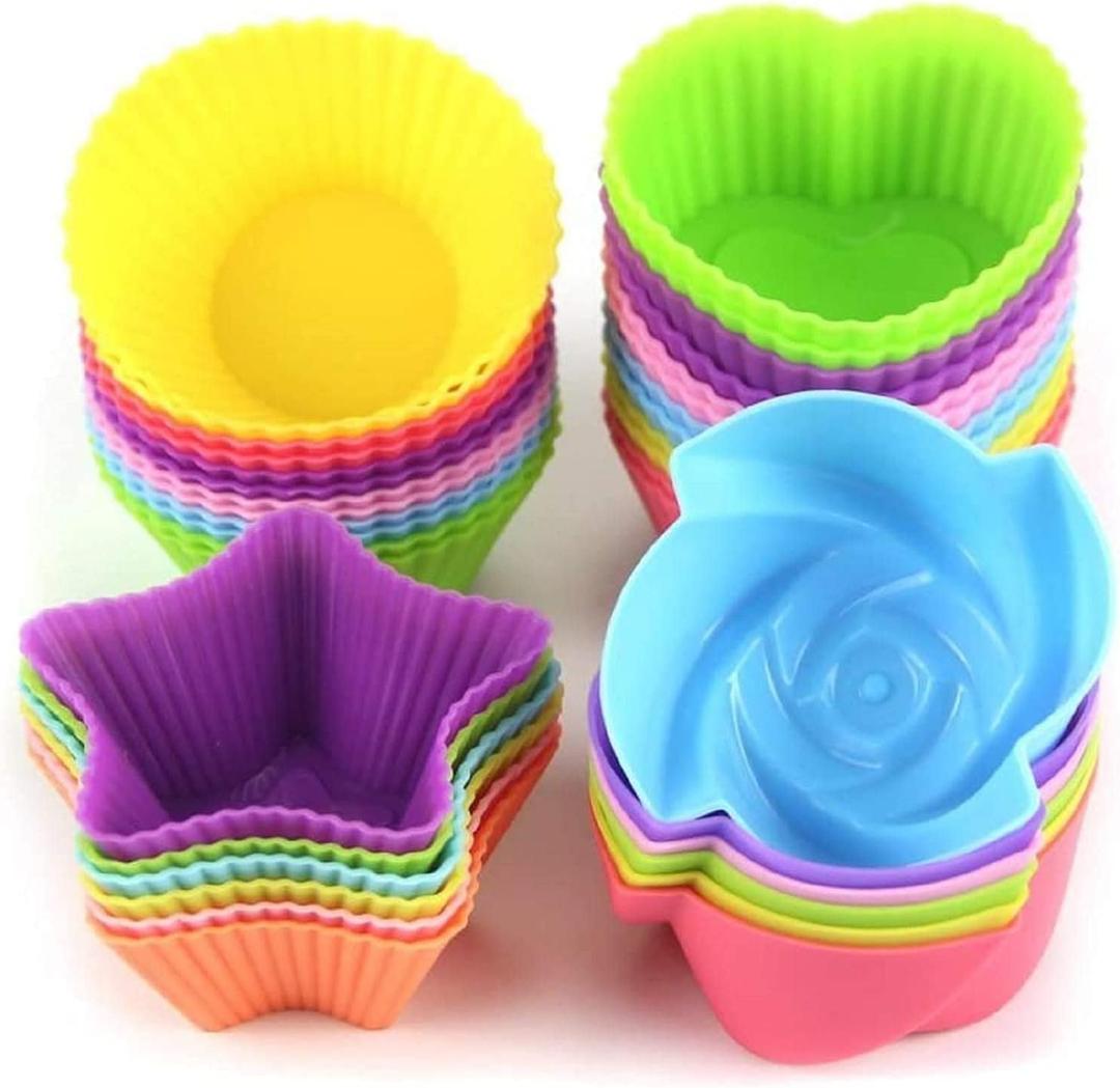Silicone Cupcake Liners for Baking, 24Pcs Reusable Muffin Cups Greaseproof Muffin Liners Nonstick Baking Molds with Round, Stars, Heart, Flowers Shape for Kids (Multicolor)