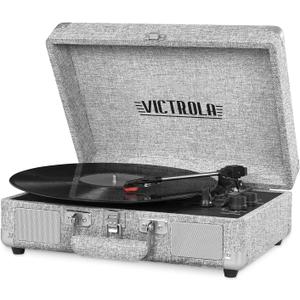 Victrola Journey Bluetooth Portable Suitcase Record Player with Built-in Speakers, 3 Speed Vinyl Record Player, RCA Out, Headphone Jack (Light Gray)