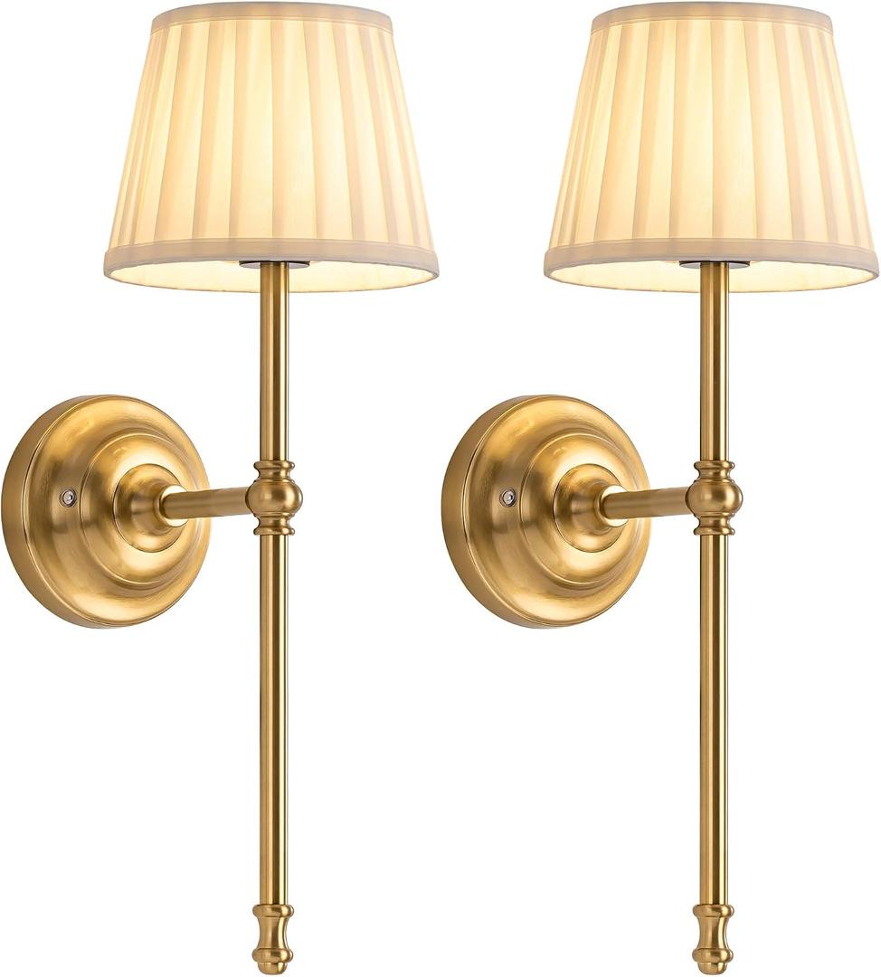KDG Cordless Wall Sconces Set of 2, Small Wireless 5200mAh Rechargeable Battery Fabric LED Wall Lamps, Portables Lightings for Wall Painting, Living Room, Bedroom, Hallway, Gifts, Night Light (Gold)