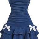 WDIRARA Women's Strapless Denim Mini Dress Bandeau Layered Ruffle A Line Bow Dresses (Medium)