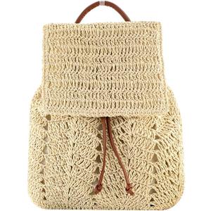 Goclothod Fashion Straw Backpack for Women Drawstring Shoulder Bag Bohemian Beach Handbags