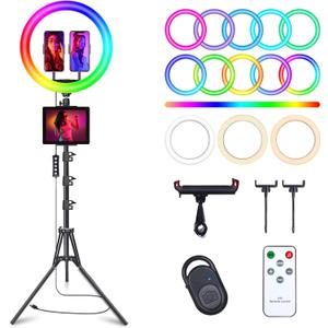 12" Selfie Ring Light with 75" Tripod Stand & 2 Phone Holder, LED Camera Ringlight with 48 RGB Colors Modes & Musical Rhythm Mode and 12 Brightness Dimmable for TikTok/Makeup/Photography/Vlog