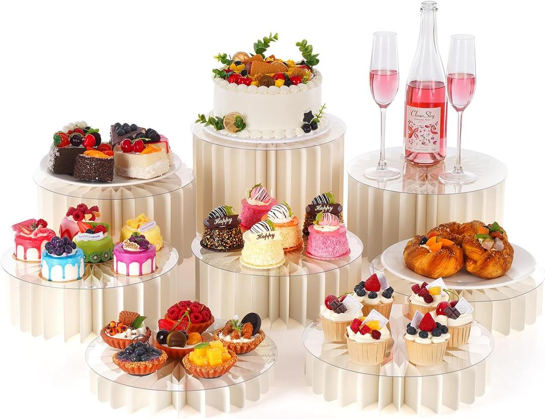 8 Pack Buffet Risers and Stand, Foldable Food Risers for Buffet Table Acrylic Dessert Table Display Set Food Display Risers Cylinder Cake Stands for Party Wedding, Birthday Decoration