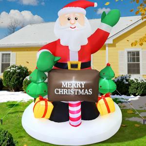 6FT Christmas Inflatable Waving Santa 6FT Holding Sign Santa Claus Christmas Inflatables Outdoor Decorations Xmas Santa Blow Up Yard Decor with 8 Built-in LEDs for Yard Garden Lawn(with Storage Bag)