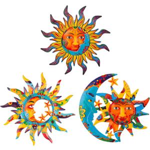 dreamskip 3 Pack Sun and Moon Wall Decor, Hanging Sun Moon & Stars Metal Wall Art, Sun Face Outdoor Wall Decor for Garden Fence Patio Yard Living Room Bedroom Decorations