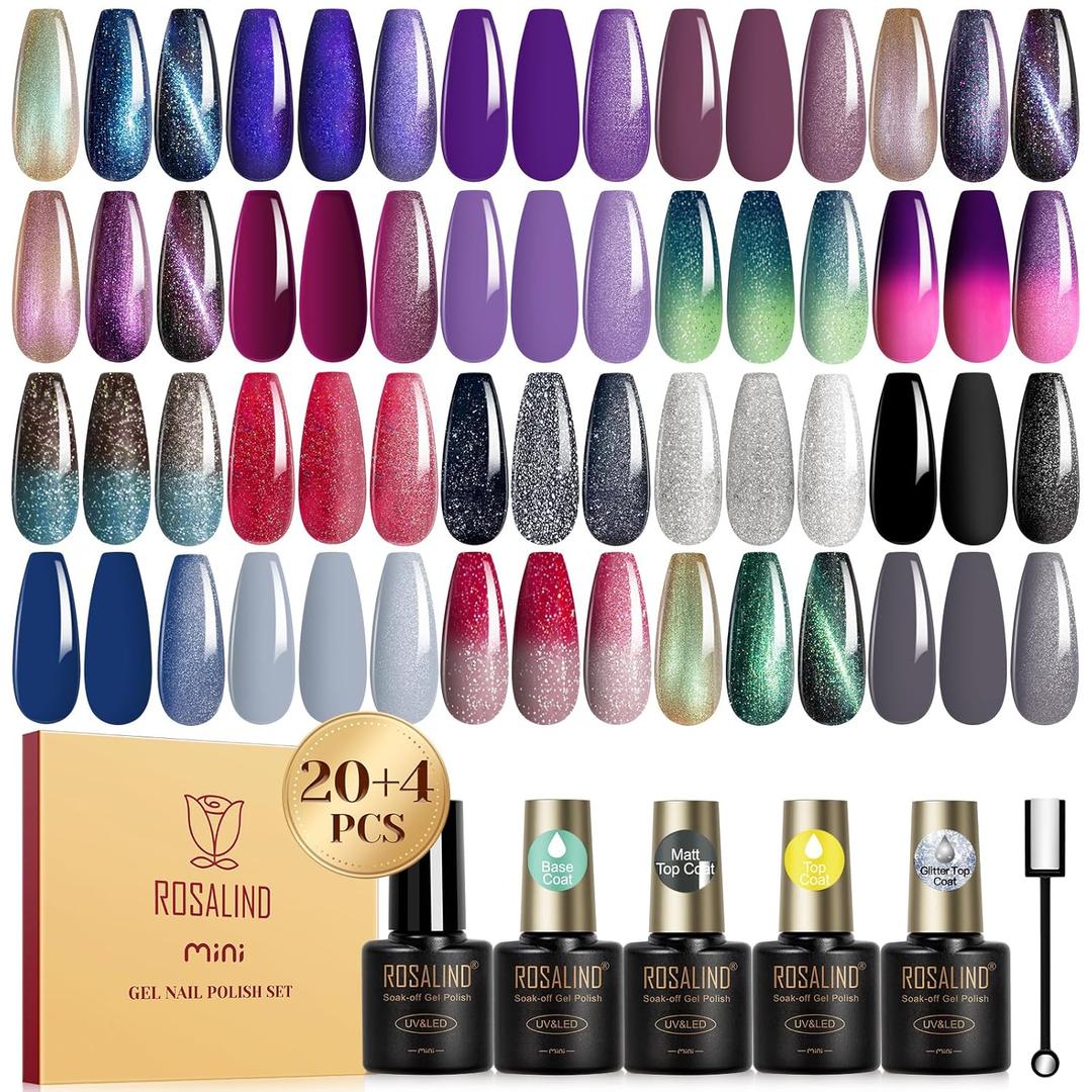 ROSALIND 24PCS Cat Eye Gel Nail Polish Set with Glitter Glossy Matte Top Coat Base Coat, Color Changing Glitter Shinny Effect Magic Gel Polish Set Soak Off Nail Gel Polish Nail Art