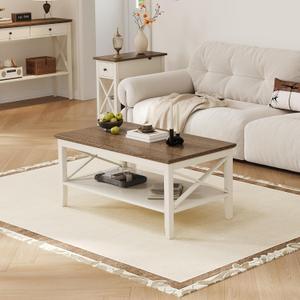 ChooChoo Farmhouse Coffee Table, Wooden Coffee Tables with Thicker Legs, White Coffee Table with Storage for Living Room (40 Inches, Soft White & Brown)