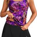 Tempt Me Women Tankini Swimsuits with Skirt - Purple Pink Leaves Two Piece Tummy Control Bathing Suit with Pockets Loose Fit 2026 Swimwear, XXL