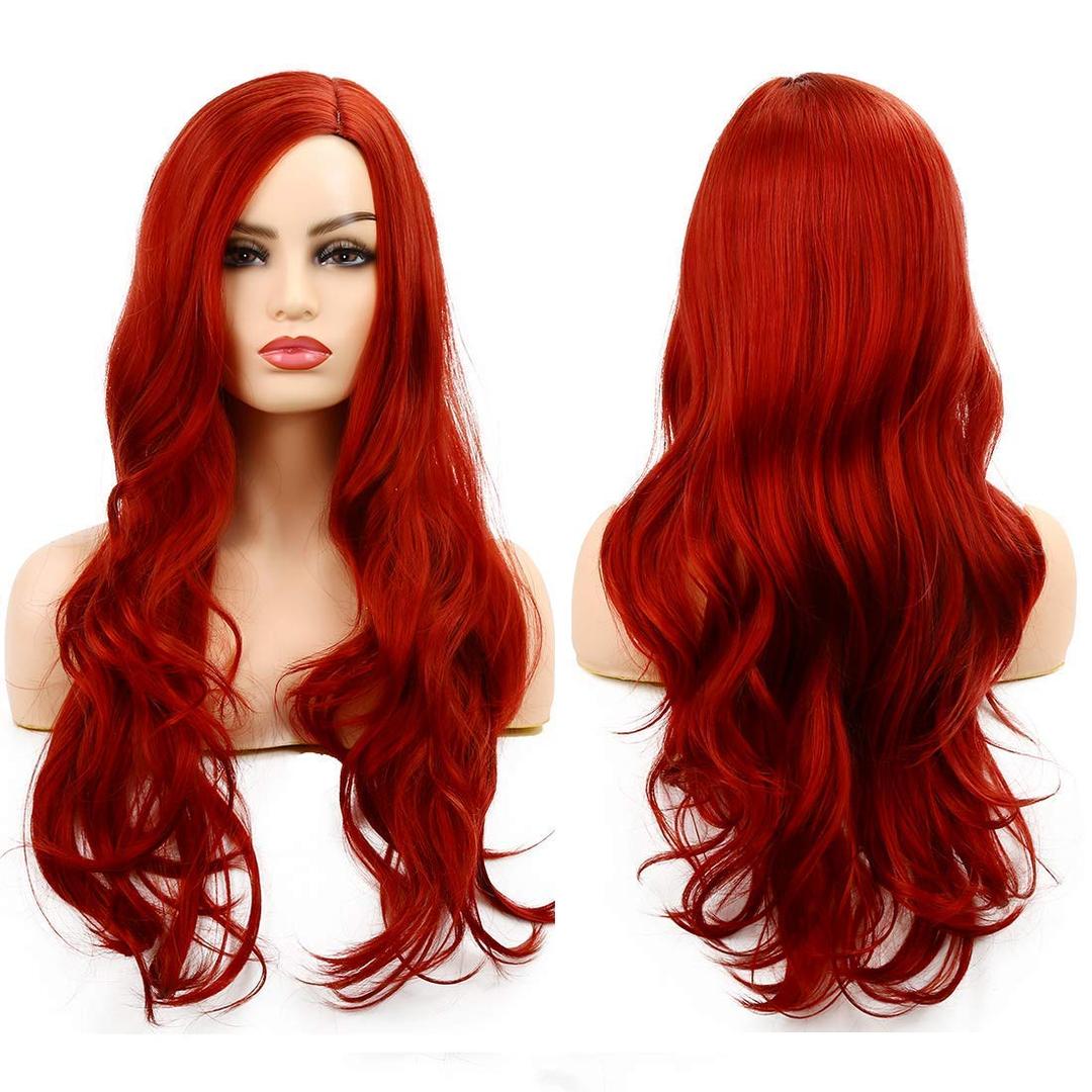 Baruisi Long Curly Wavy Red Wigs for Women Side Part Natural Looking Cosplay Synthetic Fiber Wig Heat Resistant Replacement Hair