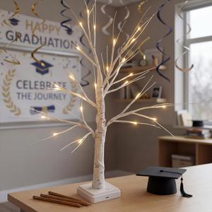 Woohaha Birch Tree for Christmas Decorations,2ft 24LED Warm White Lighted Birch TreeBattery USB Timer Tabletop Artificial Mini Tree with Lights for Home Indoor Holiday Party Wedding Graduation Decor (1ft 8in)