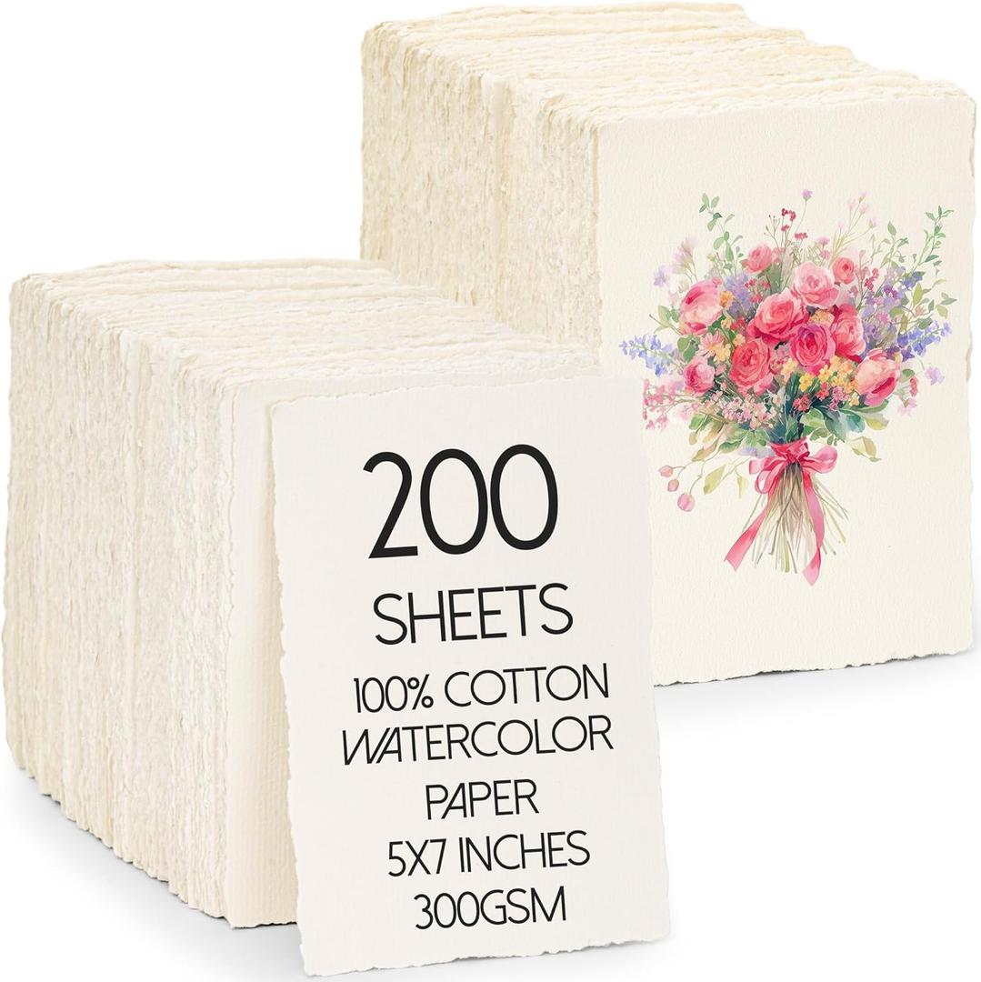 Oleitodh 200 Sheets Cotton Watercolor Paper 5 x 7inch, 140lb/300 GSM Handmade Paper Deckled Edge Watercolor Cardstock Textured Paper for Watercolors, Wedding Invitations, Cards, Crafts