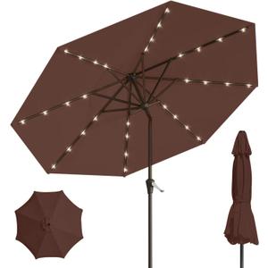 9' Solar LED Patio Umbrella with Tilt & Crank|8 Sturdy Ribs,UV Protection,Outdoor Market Table Umbrella for Deck,Lawn,Pool,Backyard(Brown), 107.98 inches diameter, 92.4 inches height