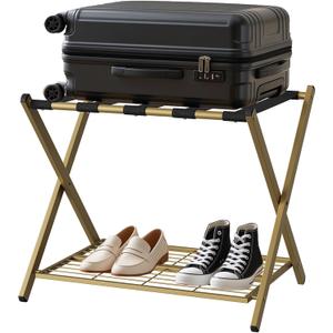 Smuxee Fully Assembled Gold Luggage Rack, Foldable Iron Suitcase Stand with 5 Nylon Straps, Luggage Holder with Shelf for Guest Room Bedroom Hotel